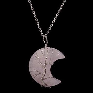 Rose Quartz Crystal Crescent Moon "Tree of Life" Cabochon Necklace