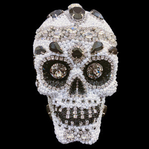 Small Black & White Crystallized Sugar Skull Sculpture Featuring Premium Crystals