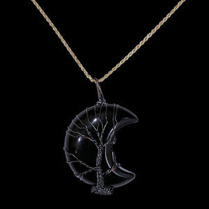 Onyx Crystal Gemstone Crescent Moon "Tree of Life" Cabochon Necklace