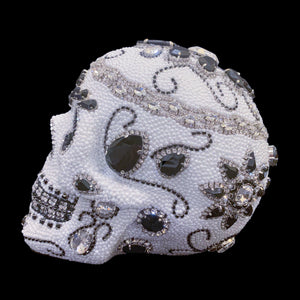 Large Black & White Crystallized Sugar Skull Statuette Featuring Premium Crystals