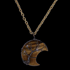 Tiger's Eye Crystal Crescent Moon "Tree of Life" Cabochon Necklace