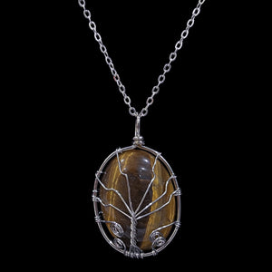 Tiger's Eye Crystal Oval "Tree of Life" Cabochon Necklace