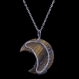 Tiger's Eye Crystal Crescent Moon "Tree of Life" Cabochon Necklace