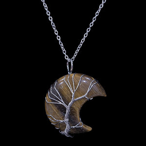 Tiger's Eye Crystal Crescent Moon "Tree of Life" Cabochon Necklace