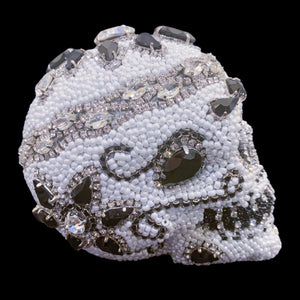 Small Black & White Crystallized Sugar Skull Sculpture Featuring Premium Crystals