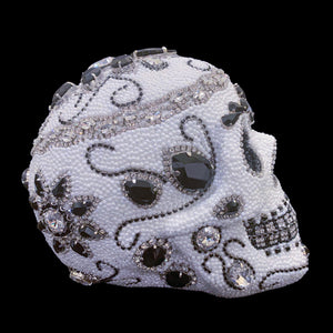 Large Black & White Crystallized Sugar Skull Statuette Featuring Premium Crystals